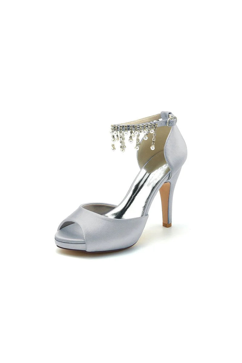 Navy Blue Stiletto Heels with Pearl and Chain Decor