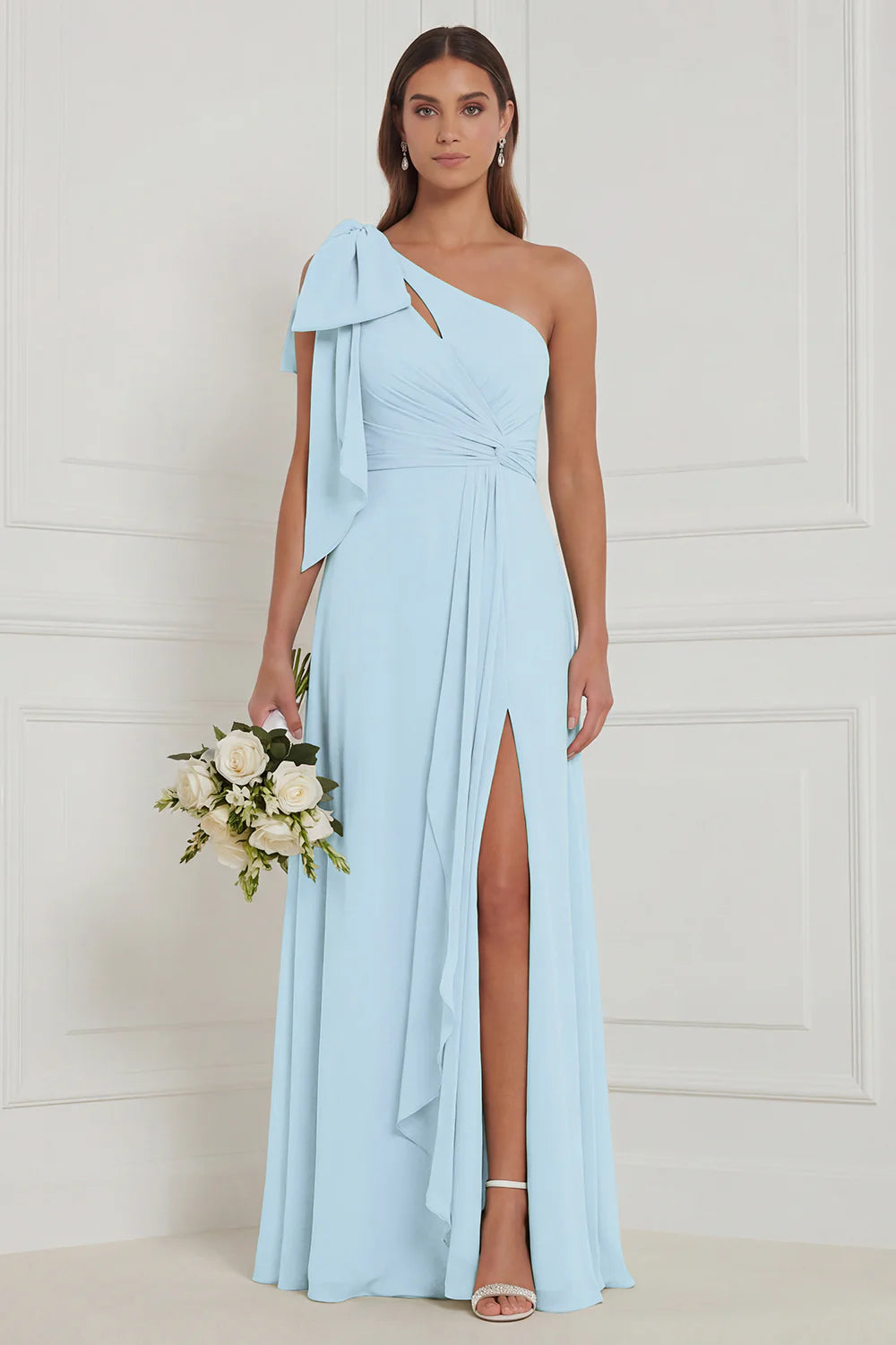 Sage A Line One Shoulder Long Bridesmaid Dress with Slit