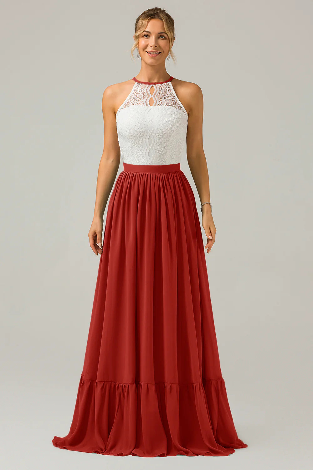 A Line Halter Pleated Keyhole Chiffon Bridesmaid Dress With Lace