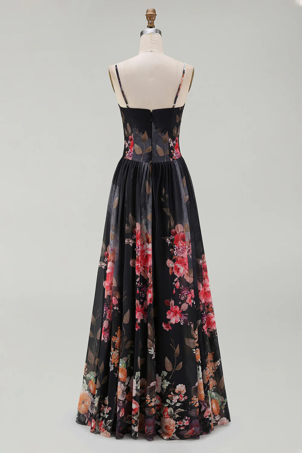 Black A Line Printed Ruched Long Formal Dress