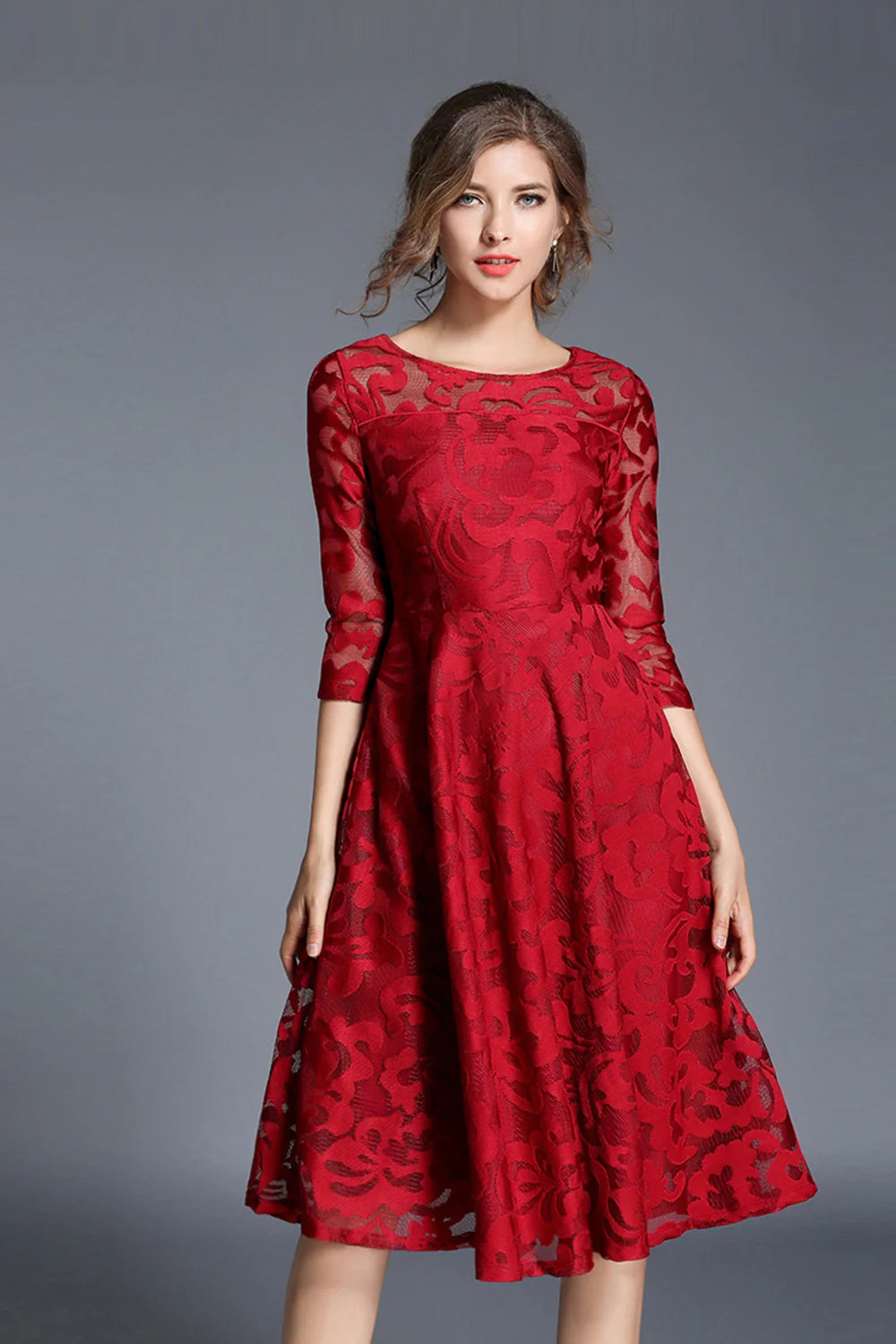 Peacock A Line Round Neck Midi Mother Of The Bride Dress with Half Sleeves