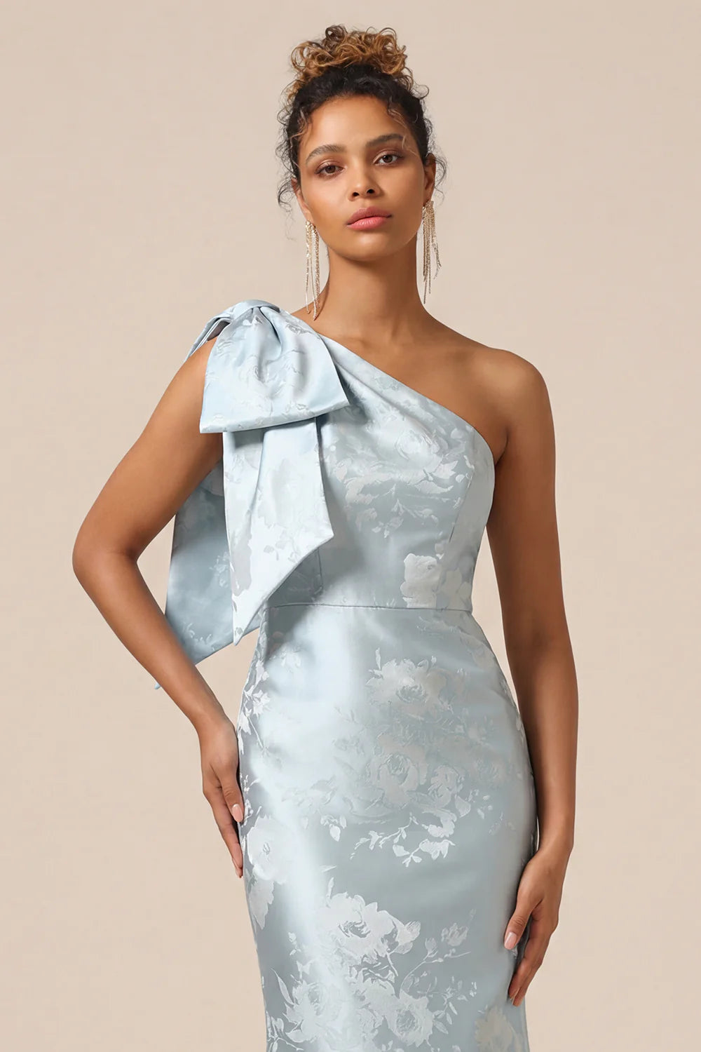 Blush Pink Mermaid One Shoulder Floral Long Bridesmaid Dress with Bow