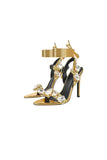Open Toe Crystal Embellished Metallic Lace Up Stiletto Heels