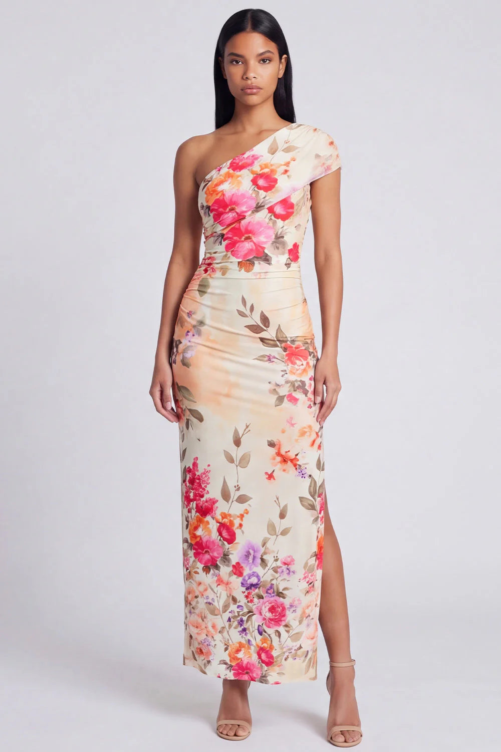 Black One Shoulder Sheath Floral Wedding Guest Dress with Slit