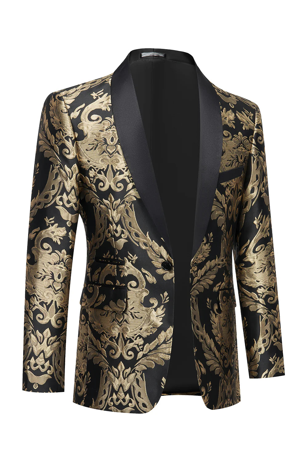 Mens Black Golden Shawl Lapel One Button Jacquard Prom Blazer