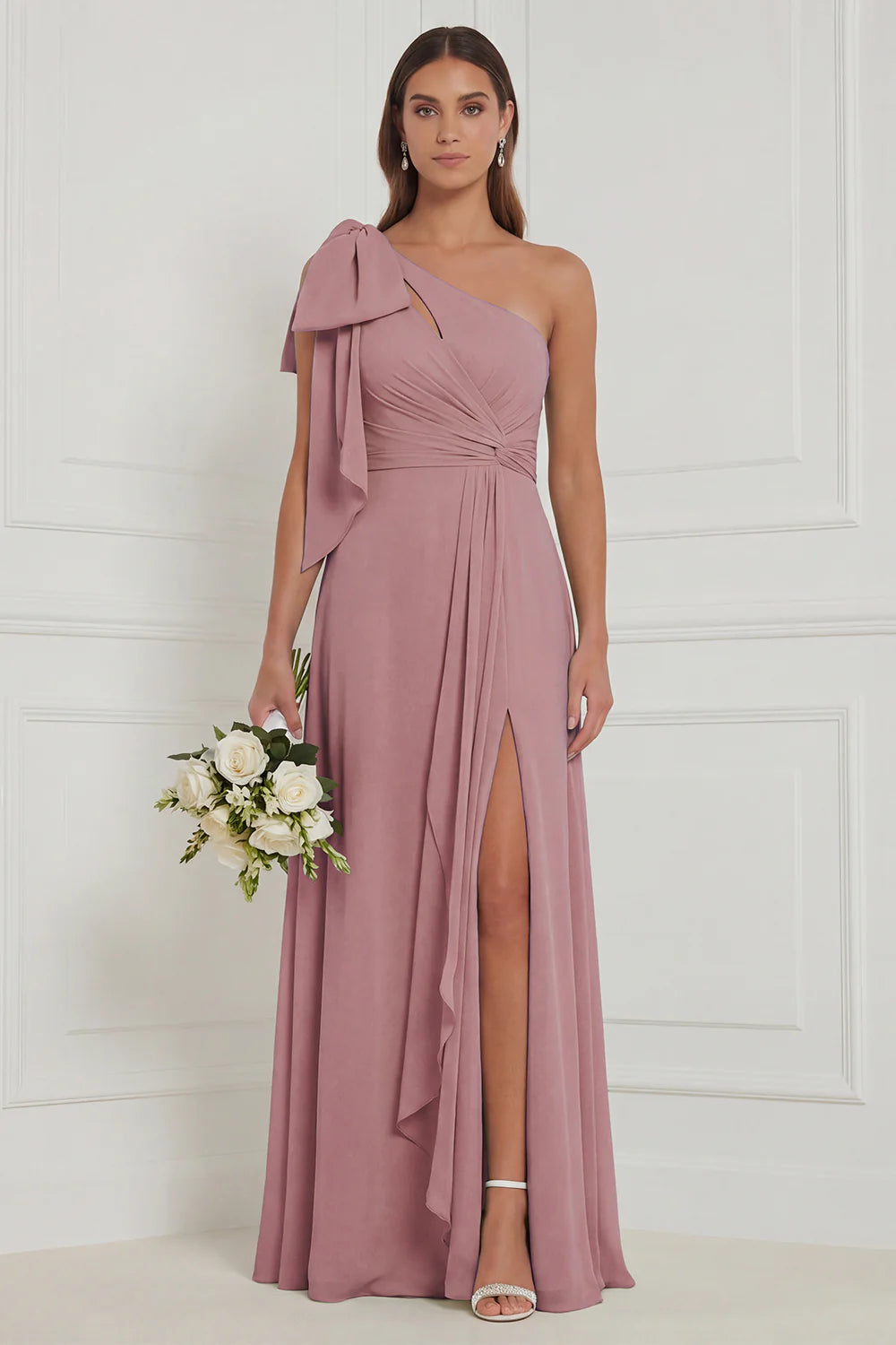 Sage A Line One Shoulder Long Bridesmaid Dress with Slit
