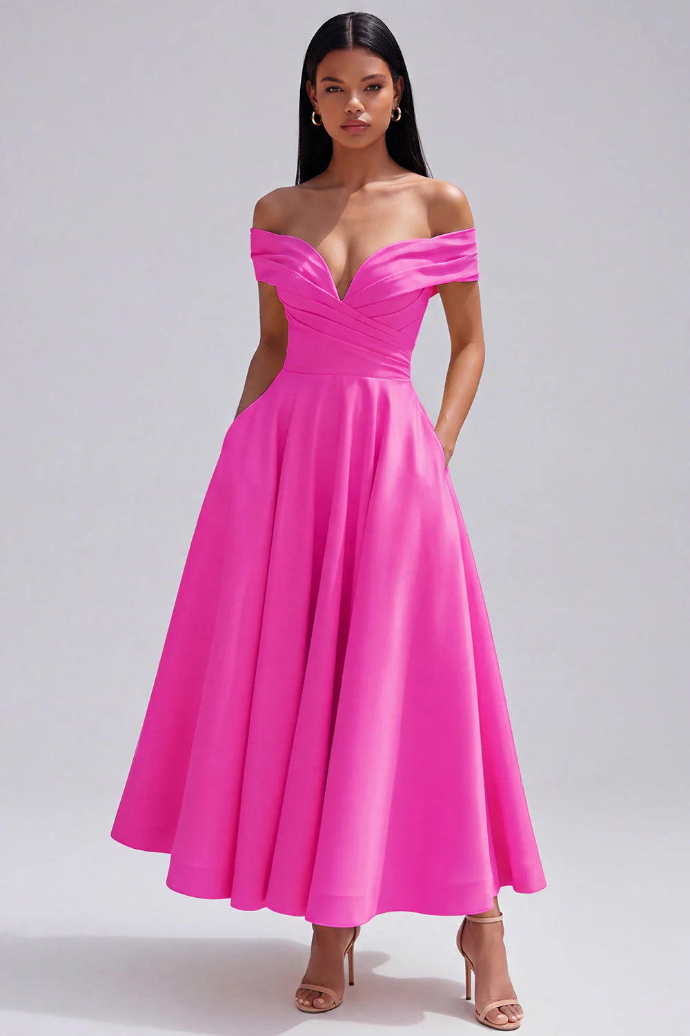 Off The Shoulder Yellow Ruched A Line Midi Wedding Guest Dress