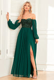 A Line Dark Green Sequins Prom Dress with Sleeves