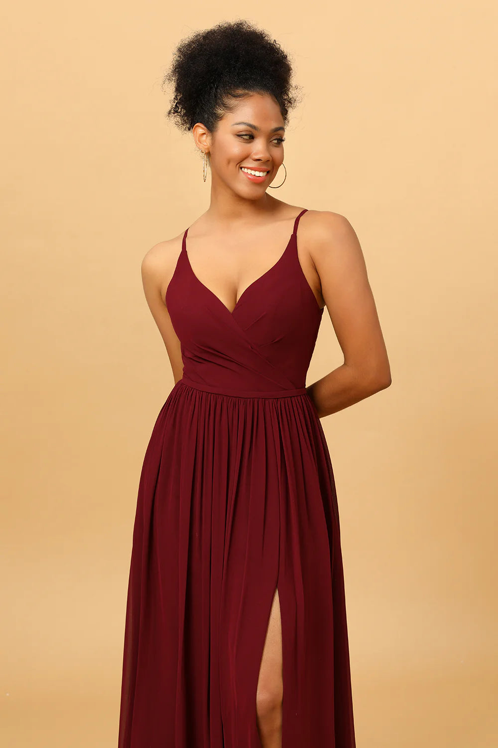 Burgundy A Line Spaghetti Straps Ruched Long Chiffon Bridesmaid Dress with Slit
