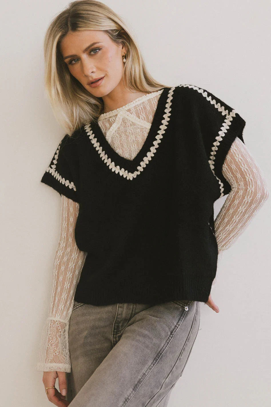 Hazel Embroidered Sweater Top in Black FINAL SALE