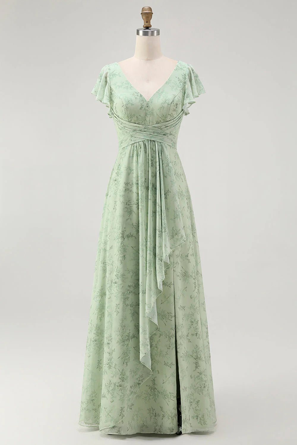 Dusty Sage A Line Chiffon Flutter Sleeves Print Floral Bridesmaid Dress with Slit