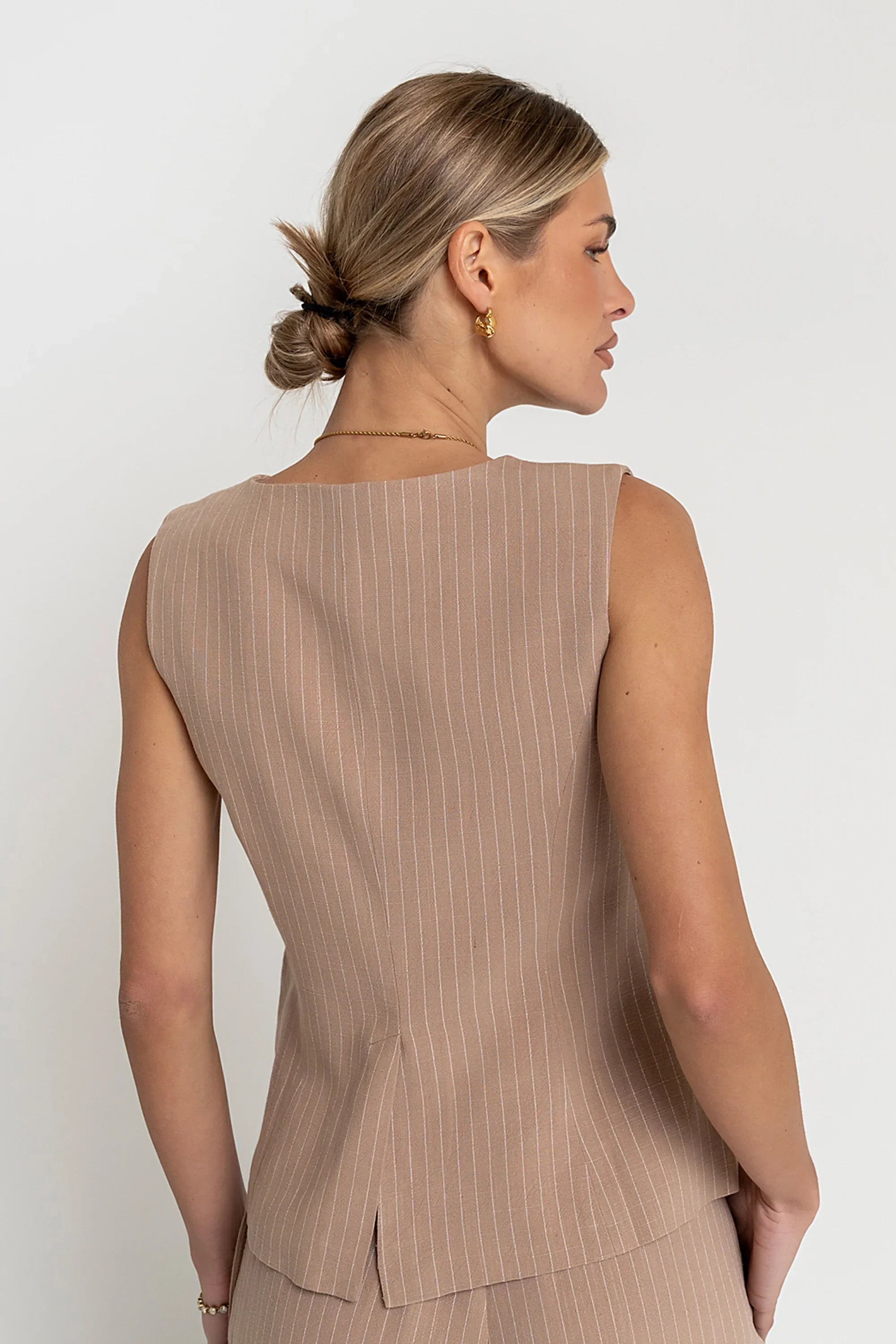 Vivienne Pinstripe Sleeveless Vest in Tan
