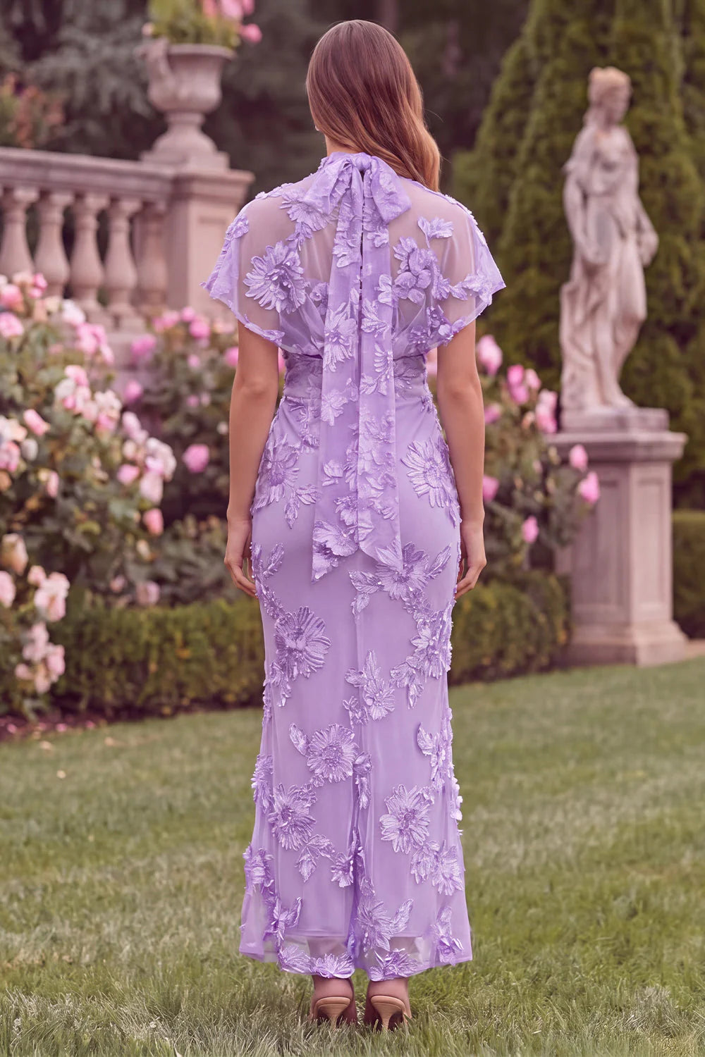 Lilac V Neck Mermaid Floral Wedding Guest Dress with Scarf
