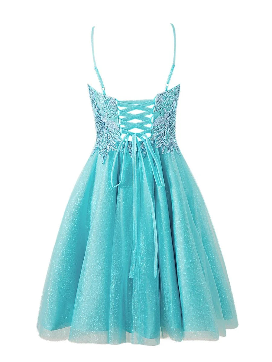 A line Short Spaghetti Strap Glitter Tulle Homecoming Dress