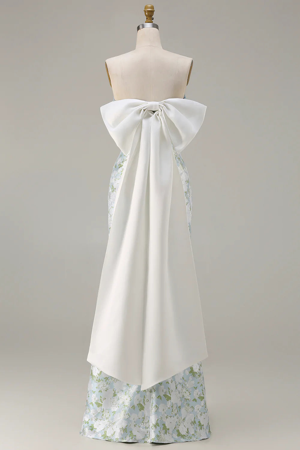 Sheath Strapless Blue White Flower Satin Long Bridesmaid Dress with Back Bow