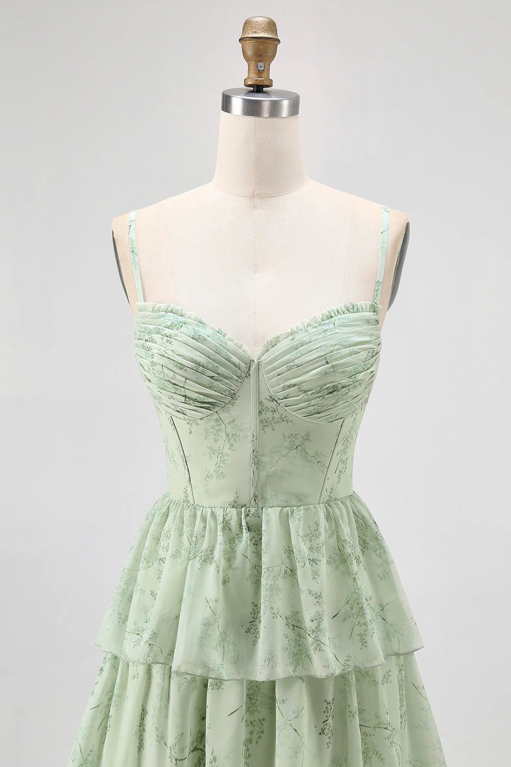 Dusty Sage A Line Corset Tiered Print Floral Long Bridesmaid Dress with Slit