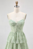 Dusty Sage A Line Corset Tiered Print Floral Long Bridesmaid Dress with Slit
