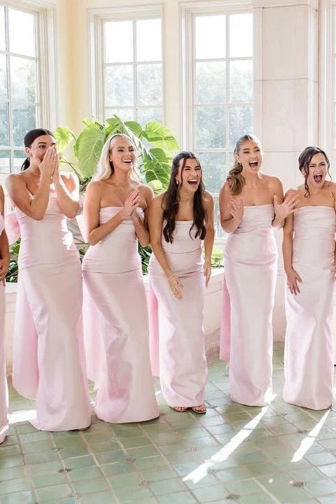 Strapless Pink Scoop Pleated Satin Long Bridesmaid Dress With Big Bow