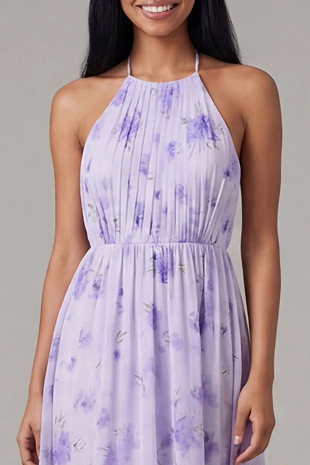 Halter Pleated Floral A Line Lilac Midi Wedding Guest Dress