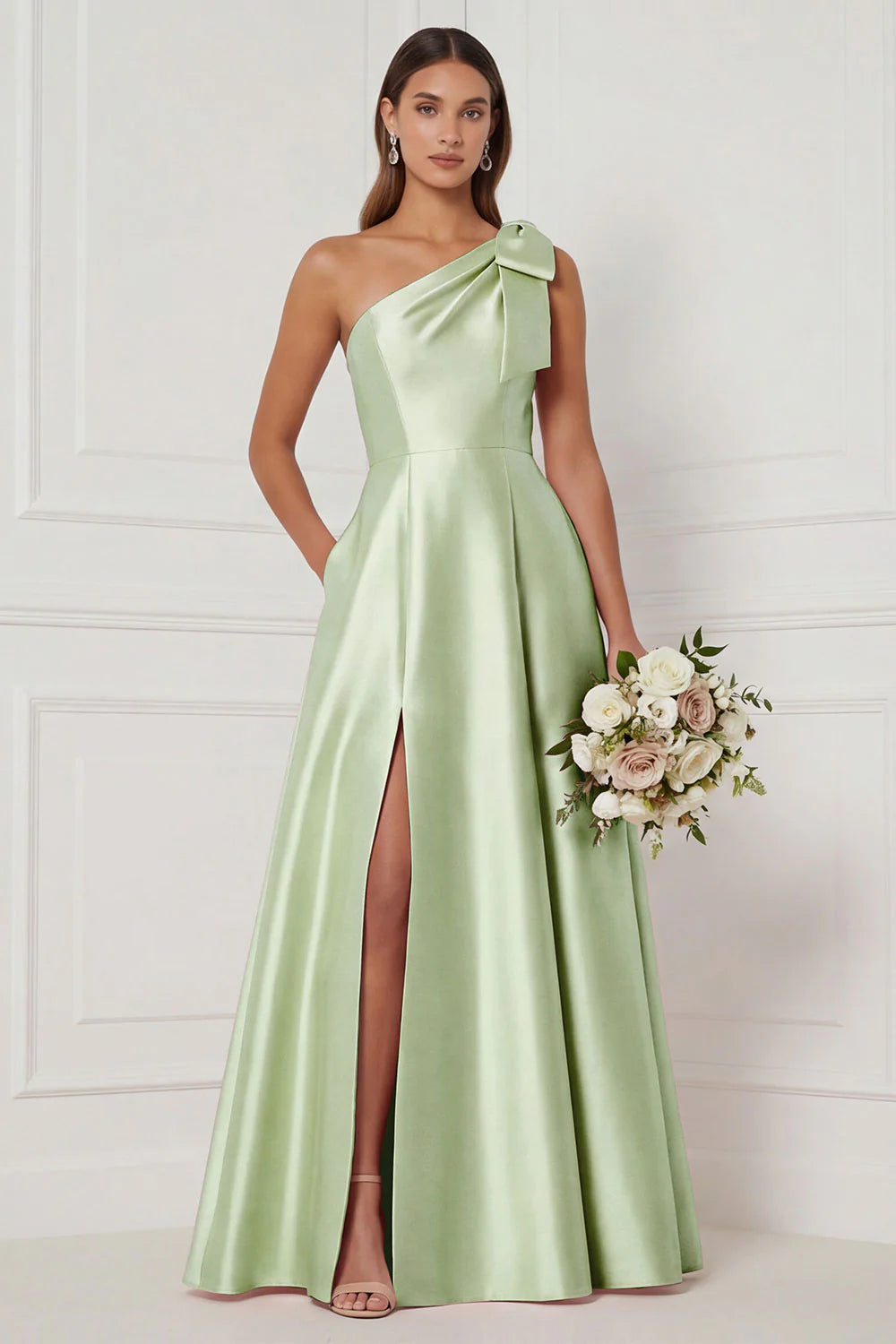 One Shoulder A Line Satin Pink Bridesmaid Dress with Slit