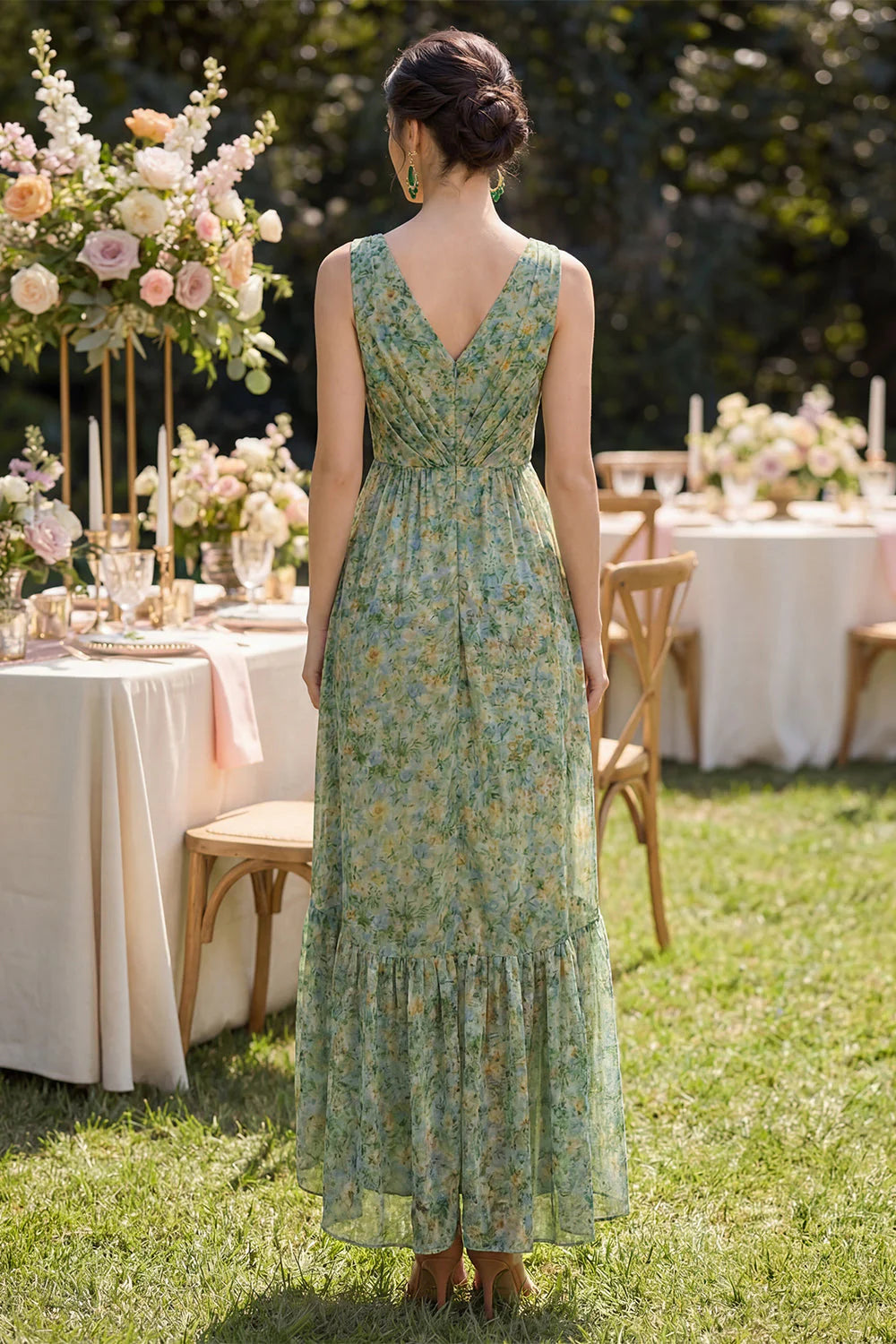 Ruffled Dusty Green Floral V Neck Asymmetrical Wedding Guest Dress