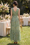 Ruffled Dusty Green Floral V Neck Asymmetrical Wedding Guest Dress