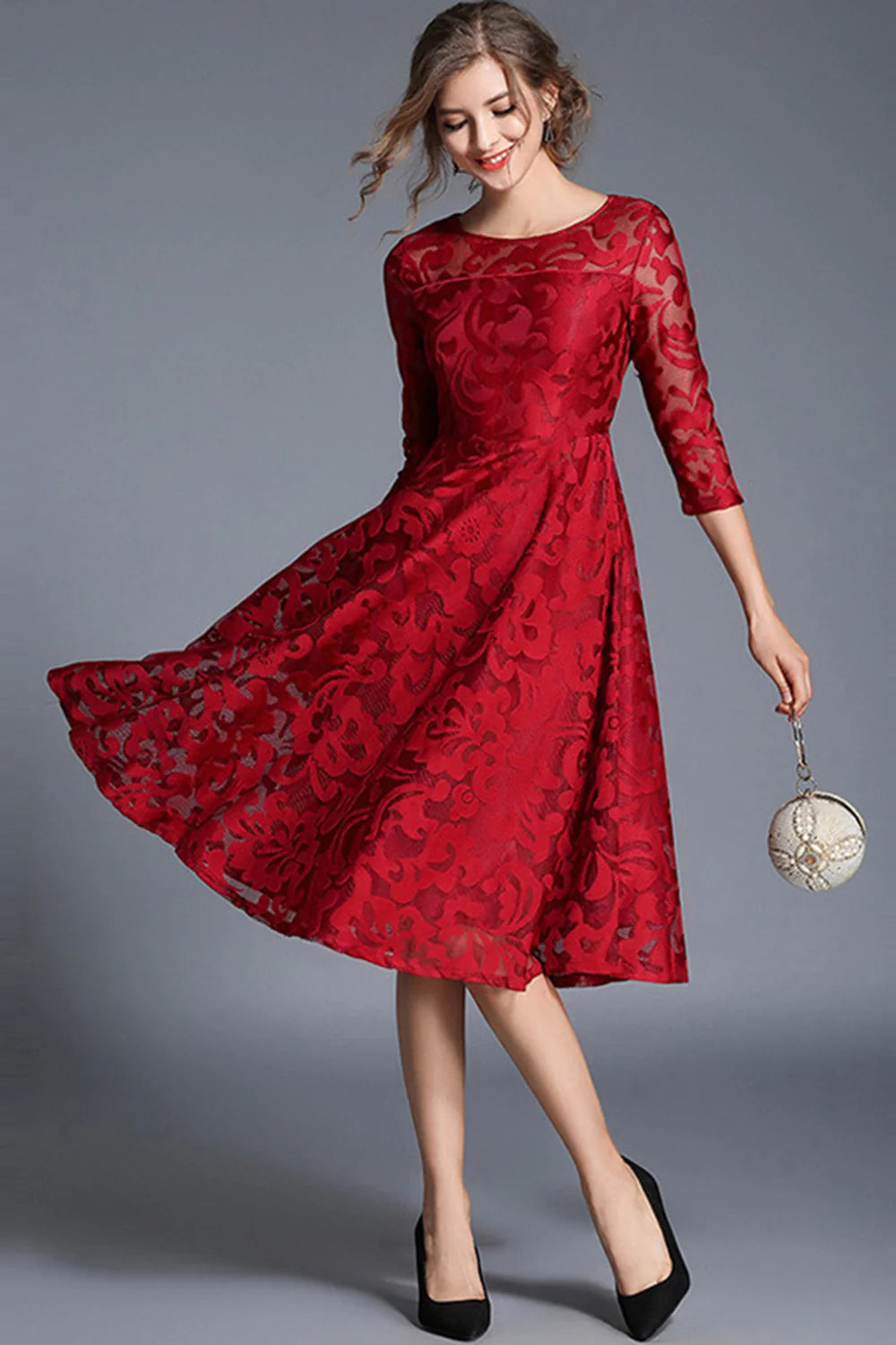 Peacock A Line Round Neck Midi Mother Of The Bride Dress with Half Sleeves