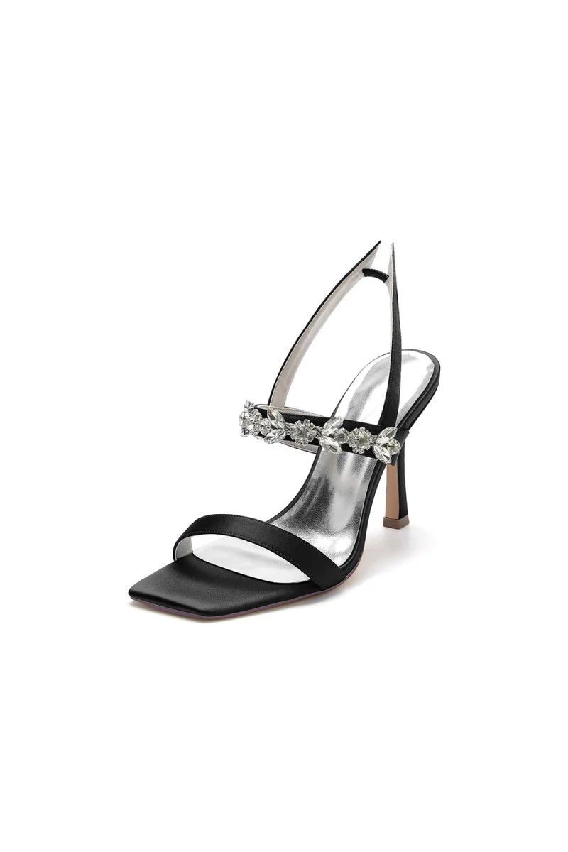 Unique Square Open Toe Crystal Strap Chunky Heels