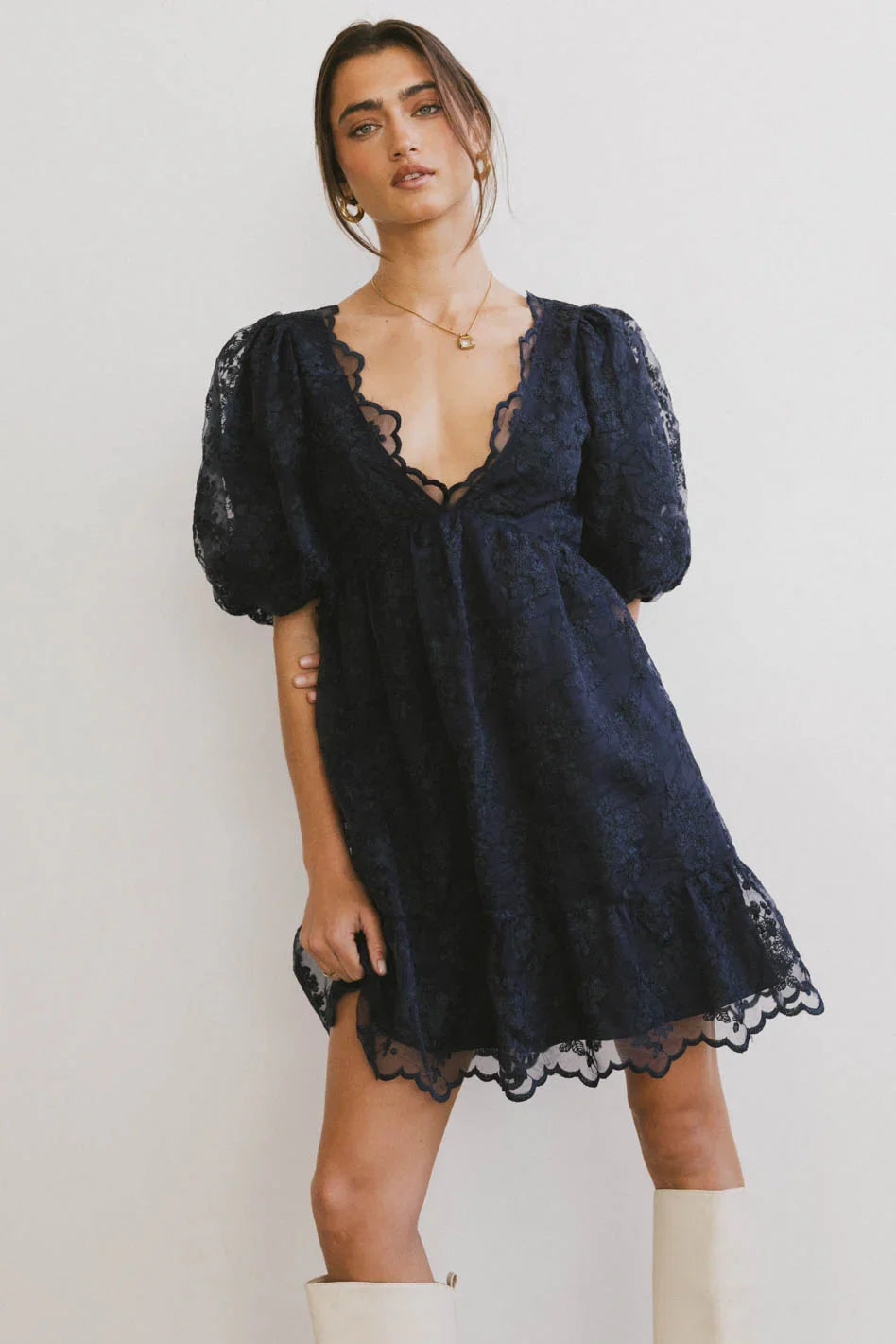 Tiana Embroidered Mini Dress in Navy FINAL SALE