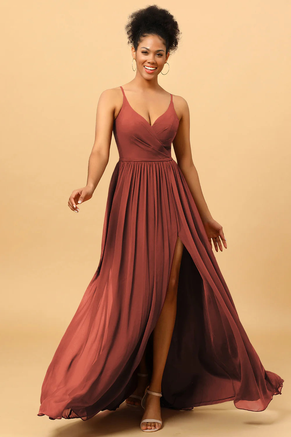 A Line Spaghetti Straps Ruched Long Chiffon Bridesmaid Dress with Slit