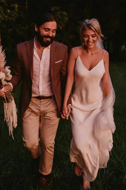 Spaghetti Straps V neck Simple Beach Wedding Dress