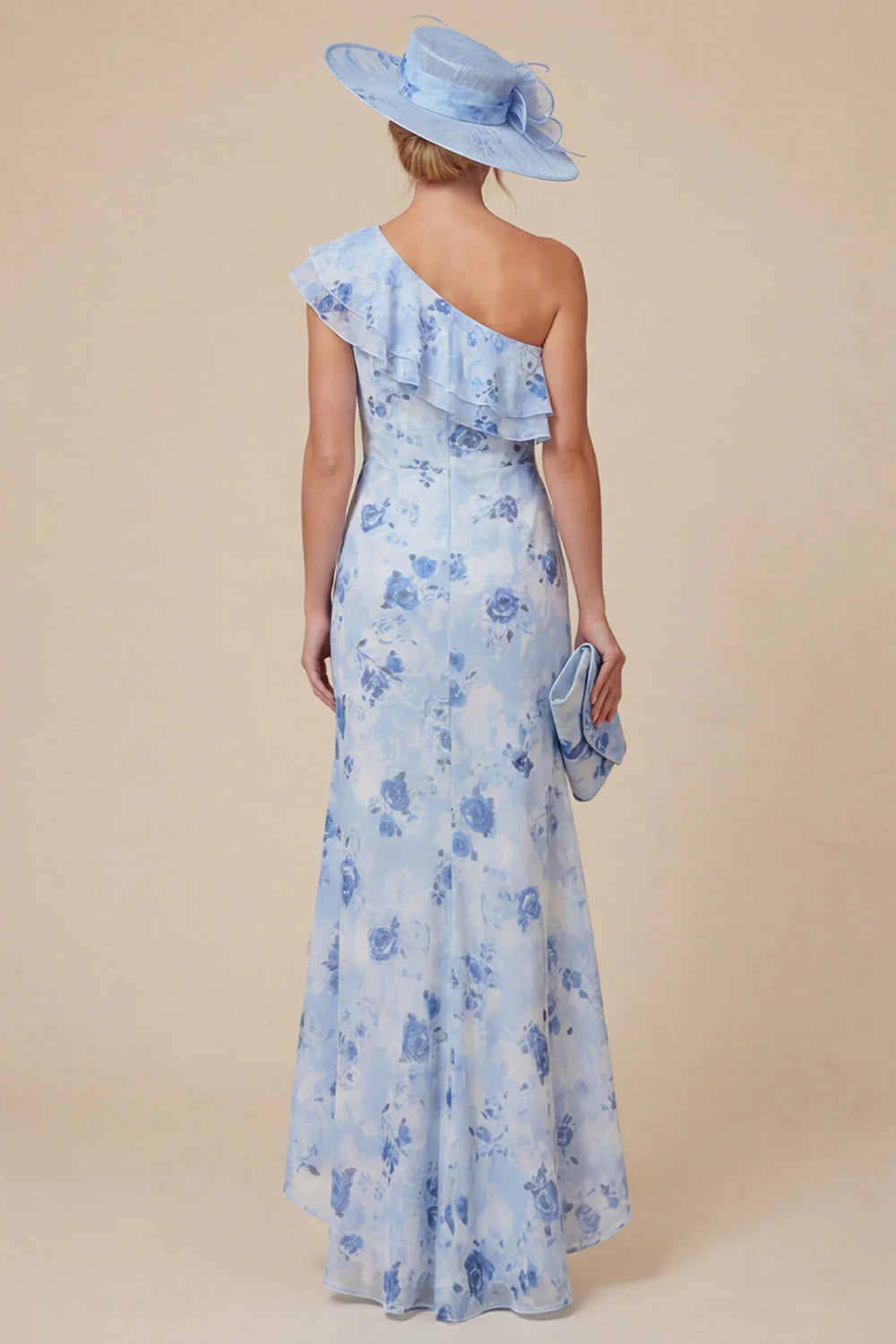 Light Blue Floral Mermaid Ruffled One Shoulder High Low Mother of the Bride Dress