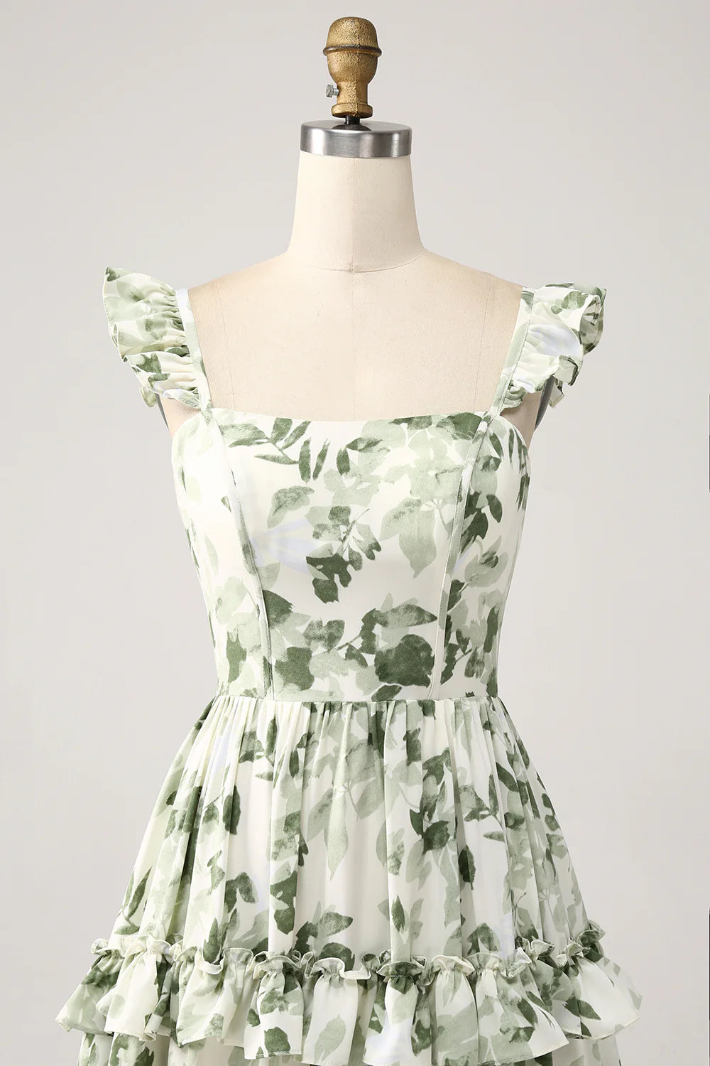 A Line Spaghetti Straps Printed Tiered Long Green Bridesmaid Dress With Slit