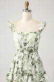 A Line Spaghetti Straps Printed Tiered Long Green Bridesmaid Dress With Slit