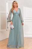 Chic Blue A Line Sequins Formal Dress with Long Sleeves
