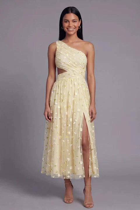 One Shoulder Floral Cut Out Light Orange Wedding Guest Dress
