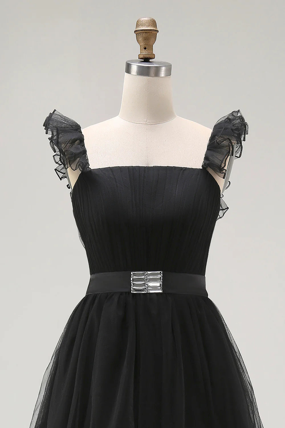Black A Line Tulle Spaghetti Straps Ruffled Prom Dress