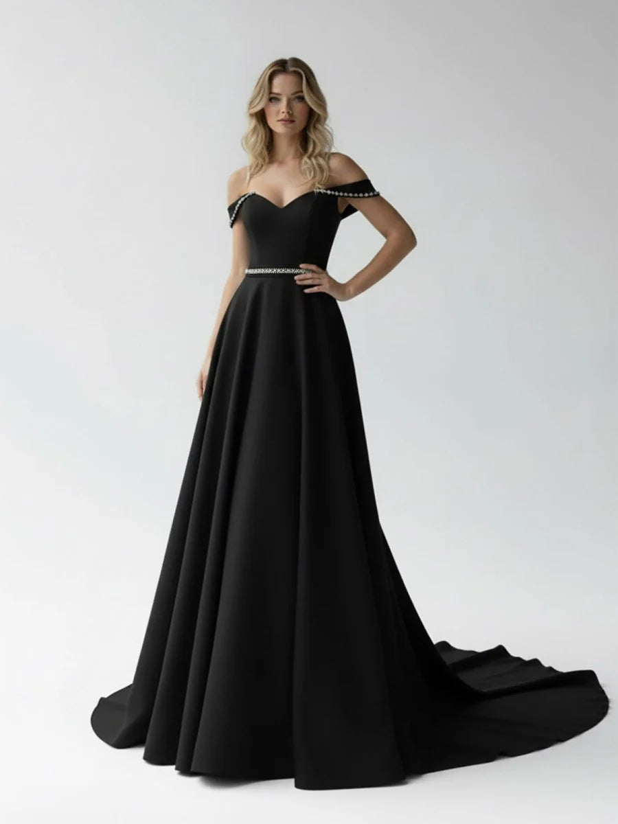 A Line Off the Shoulder Beaded Wedding Dress