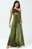 A Line One Shoulder Ruched Velvet Floor Length Dress