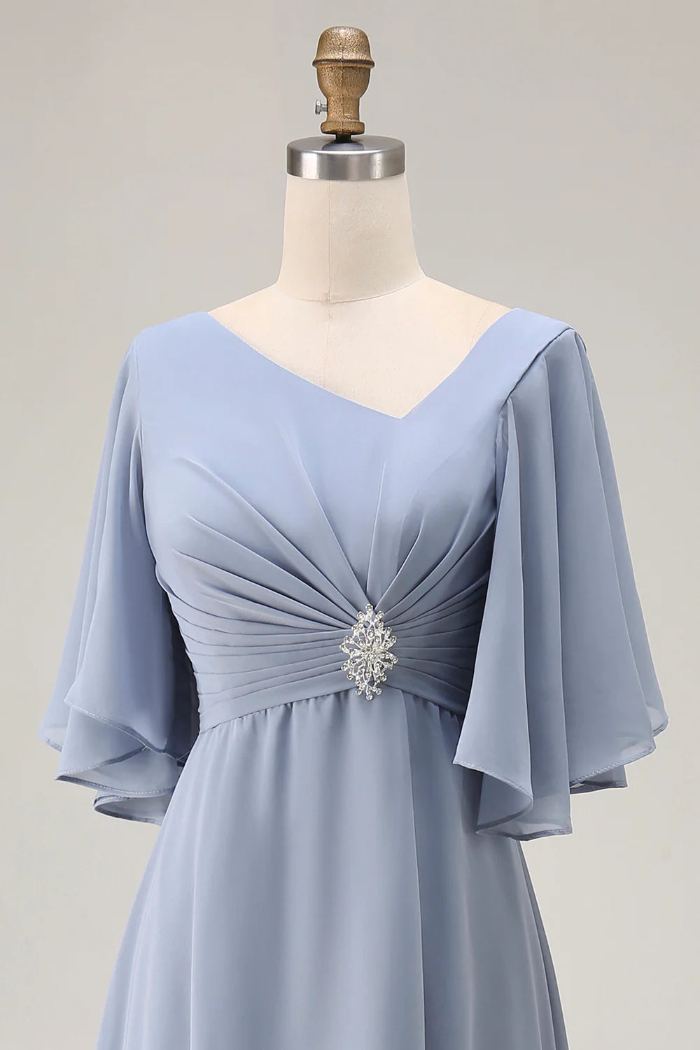 Dusty Blue A Line Chiffon V Neck Ruched Mother Of The Bride Dress with Short Sleeves