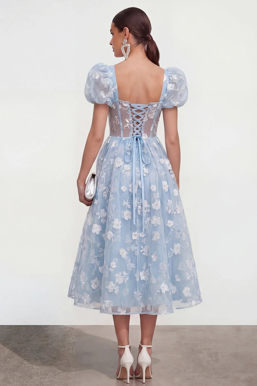 Floral Pink Puff Sleeve A Line Corset Wedding Guest Dress