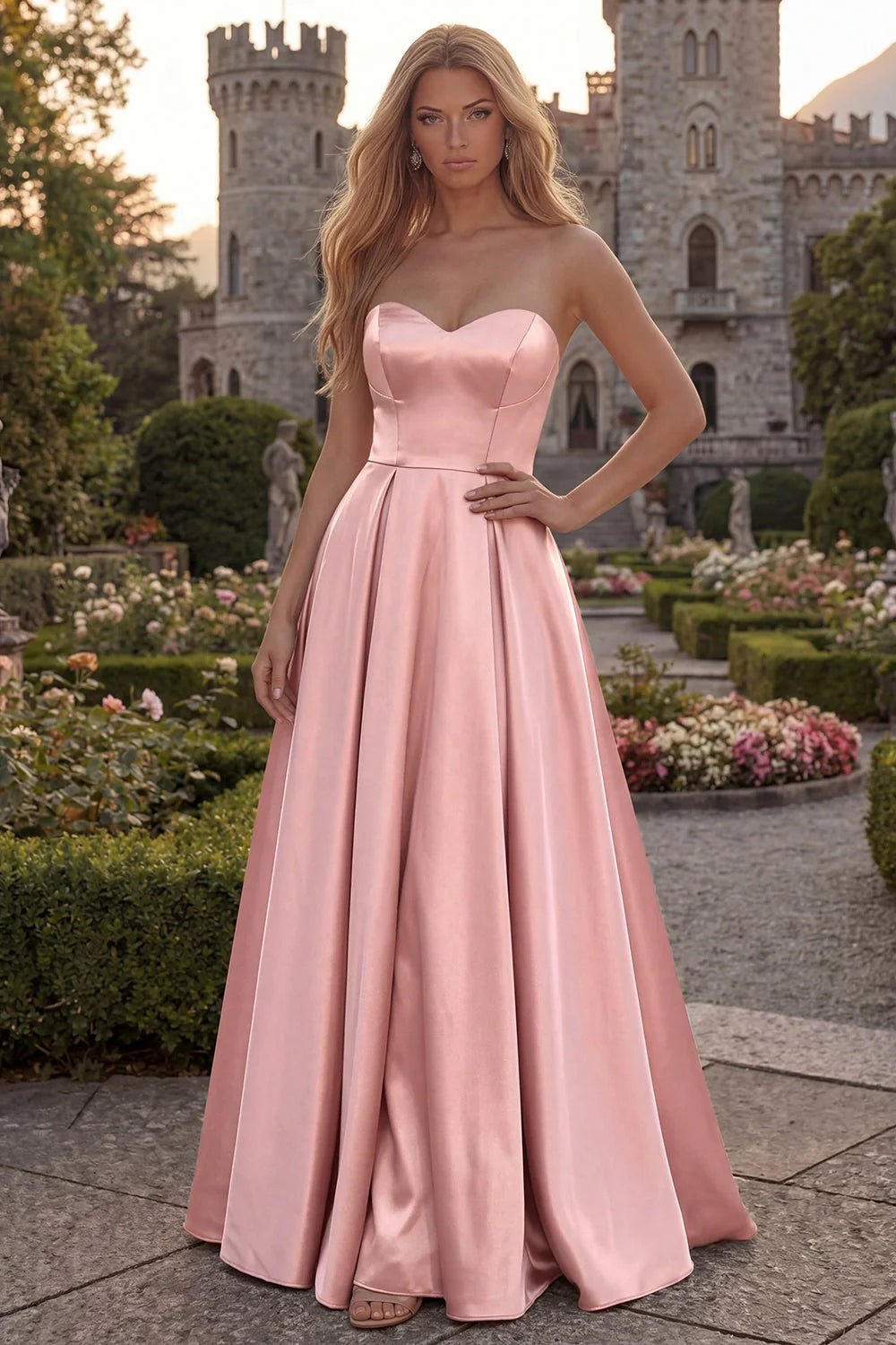 Fuchsia Strapless A Line Satin Maxi Prom Dress