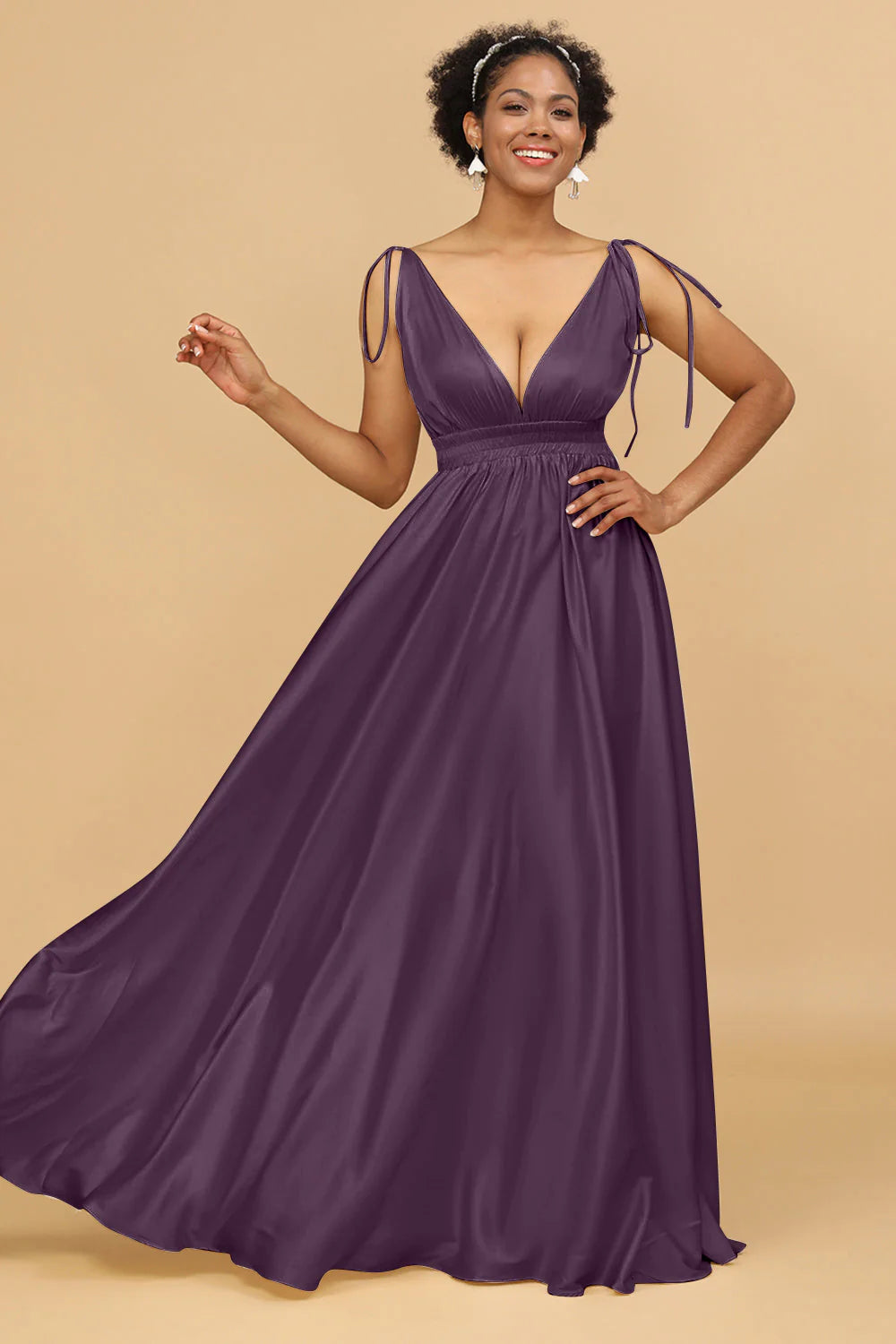 A Line Deep V Neck Backless Floor Length Bridesmaid Dress