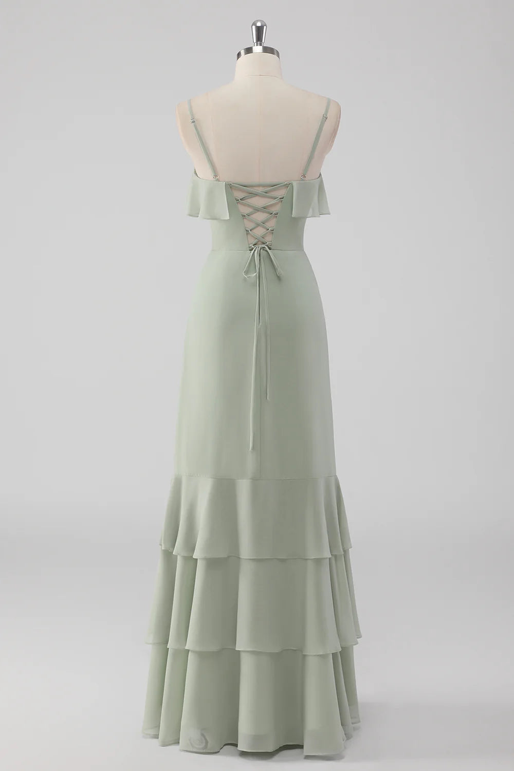Dusty Sage Sheath Spaghetti Straps Pleated Long Bridesmaid Dress with Lace Up Back