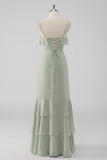 Dusty Sage Sheath Spaghetti Straps Pleated Long Bridesmaid Dress with Lace Up Back