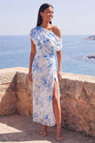 One Shoulder Blue Flower Wedding Guest Dress with Slit
