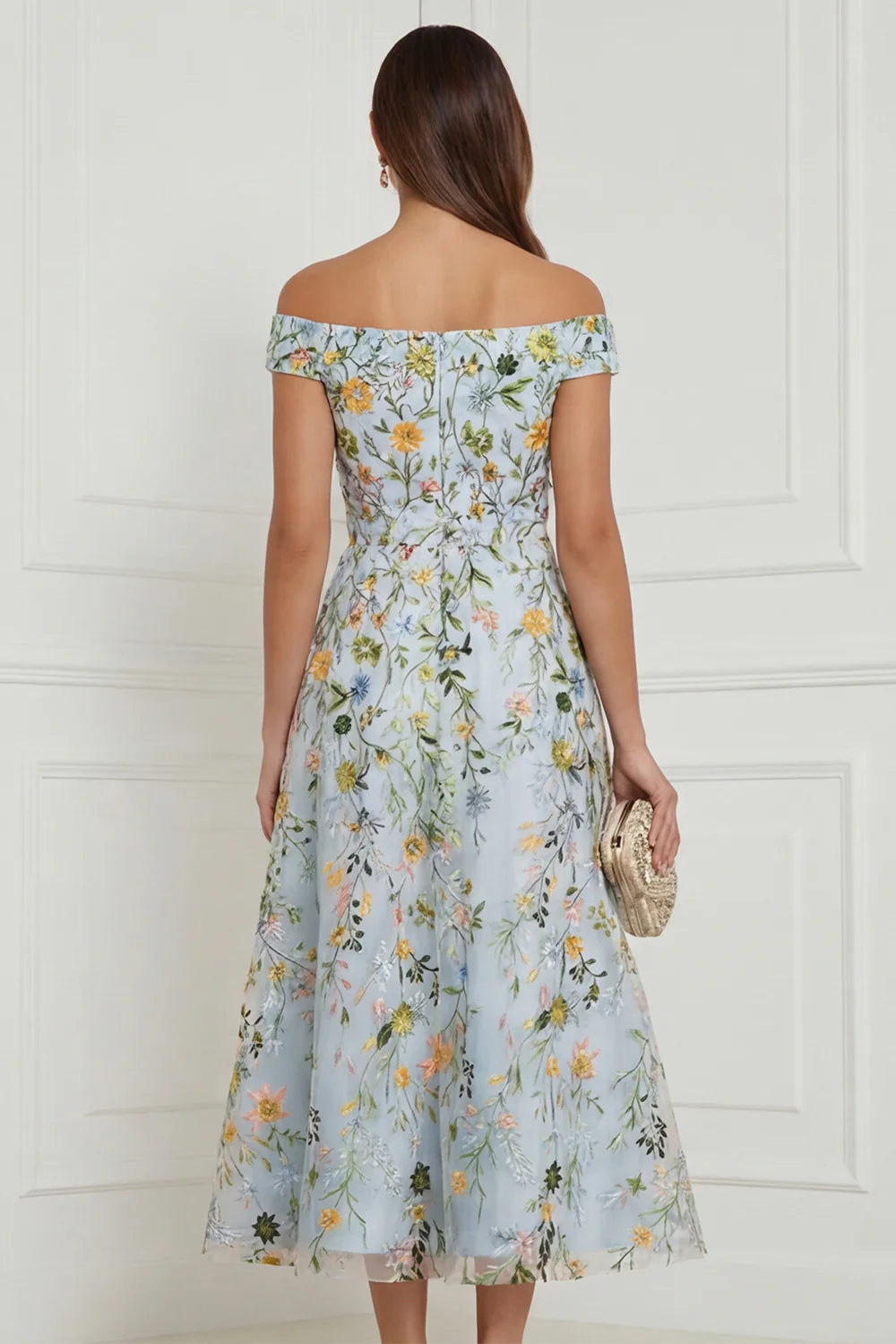 Off the Shoulder Light Blue Floral A Line Midi Wedding Guest Dress