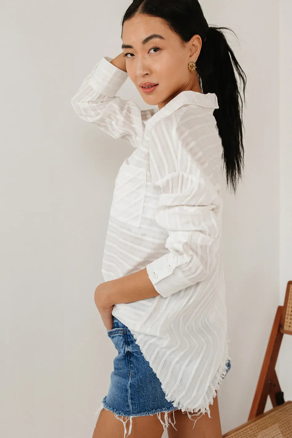 Nyah Striped Button Up in White
