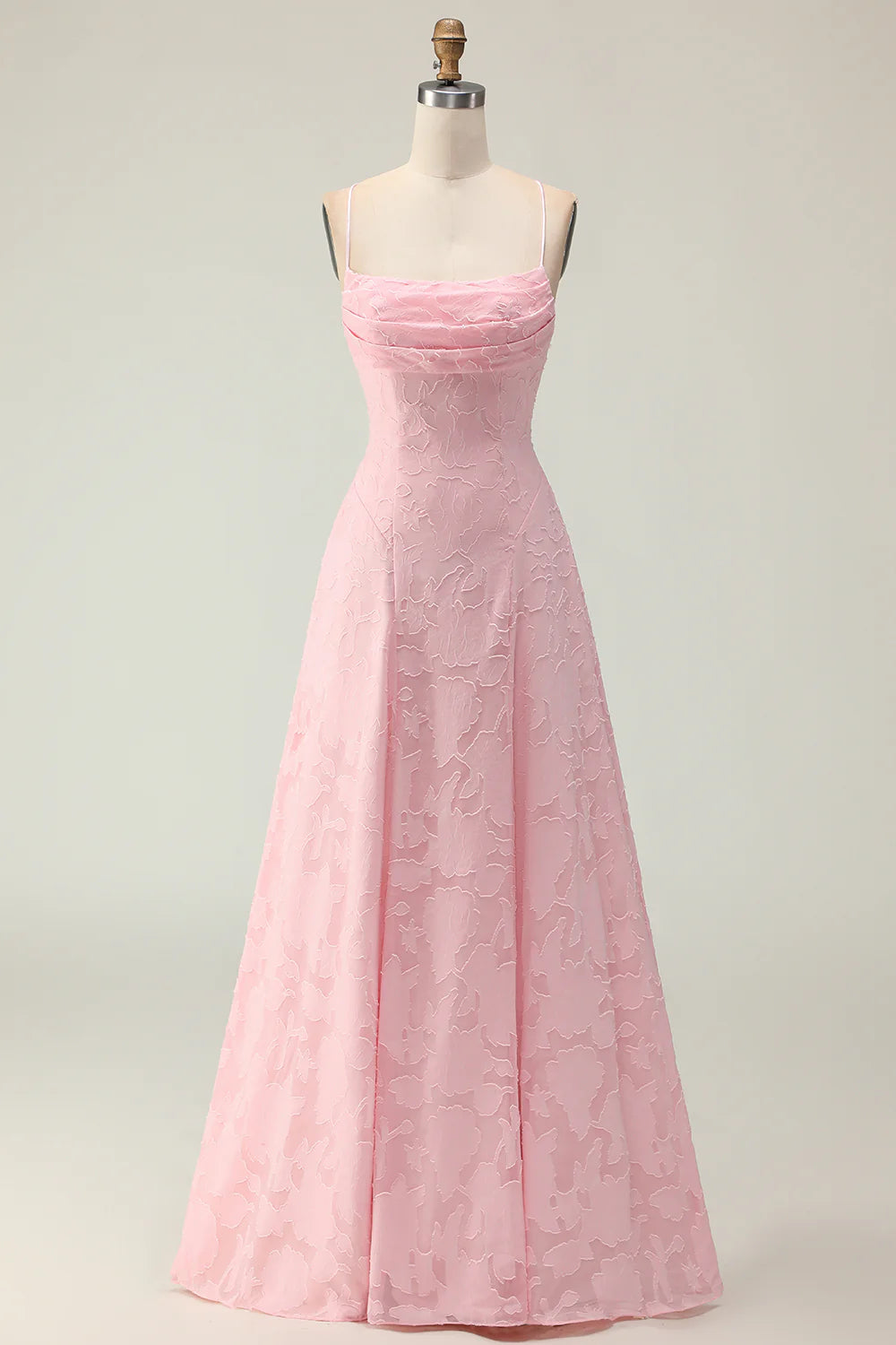 Candy Pink A Line Floral Burnout Long Bridesmaid Dress with Lace Up Back