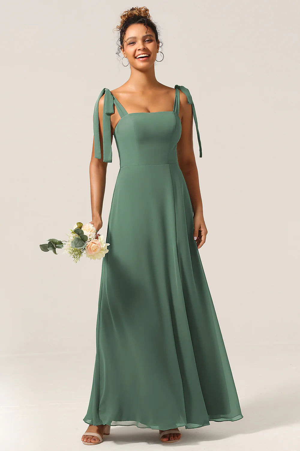 Eucalyptus A Line Spaghetti Straps Floor Length Bridesmaid Dress with Slit